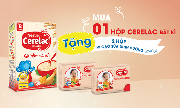Mua 1 hộp Nestlé CERELAC vị bất kỳ, mẹ sẽ nhận ngay 2 hộp gạo sữa dinh dưỡng.
