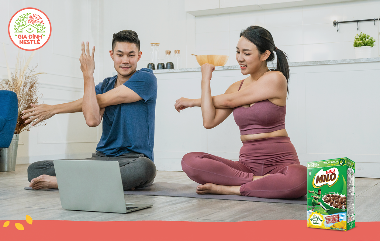 Bánh ăn sáng Nestlé MILO bổ sung các chất cần thiết cho bữa ăn hàng ngày, hỗ trợ hiệu quả luyện tập và giúp nâng cao sức khỏe cho bé yêu và cả nhà - phù hợp với việc luyện tập tại gia.
